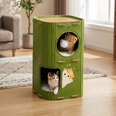 Niche pour Chat petit modèle vert olive avec deux ouvertures et plateau supérieur