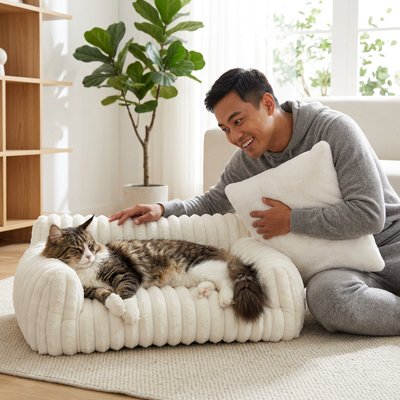 Panier Chat blanc rebords surélevés homme à coté