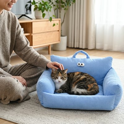 Panier Chat forme canapé en lin bleu