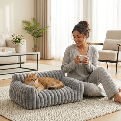 Panier Chat rectangulaire gris présenté dans un salon moderne