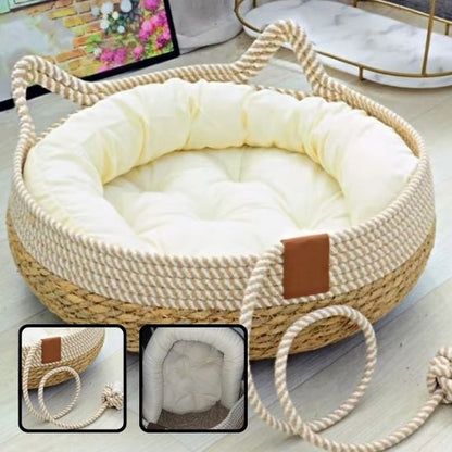 panier osier chat coussin ecru