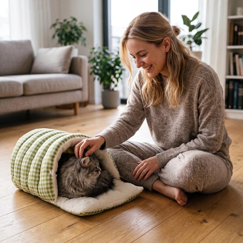 Panier pour Chat en forme de tunnel vichy vert