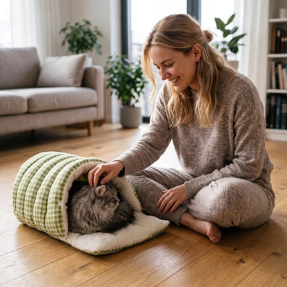 Panier pour Chat en forme de tunnel vichy vert
