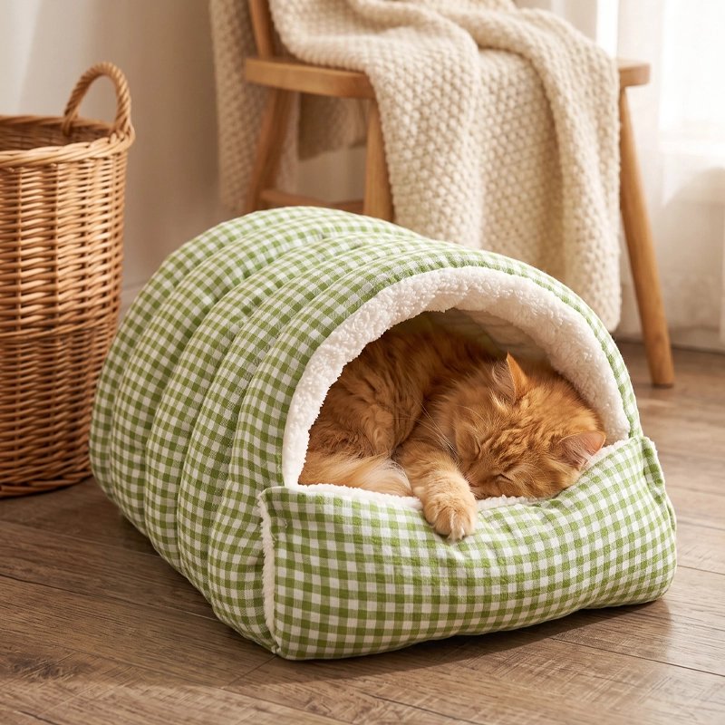 Panier pour Chat en tissu vichy vert et polaire blanche