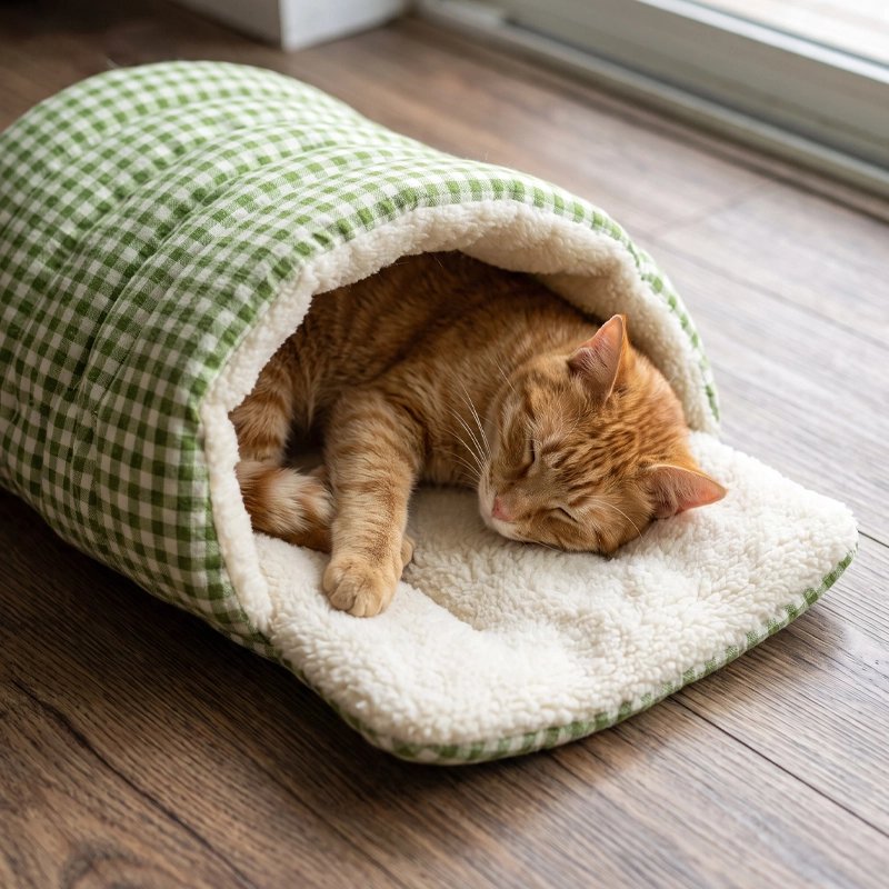 Panier pour Chat  vert avec intérieur en polaire blanche et chat au repos