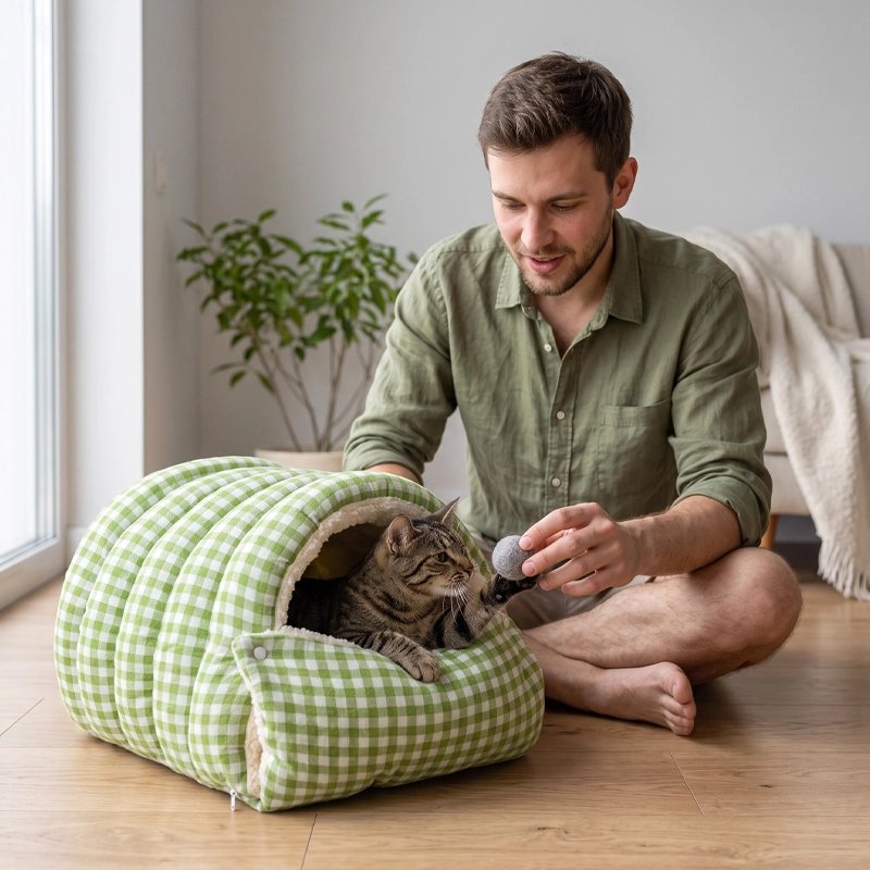 Panier pour Chat  vert convertible présenté par un homme