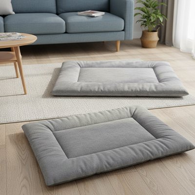 Tapis Chat gris rectangulaire présenté en deux tailles dans un salon moderne