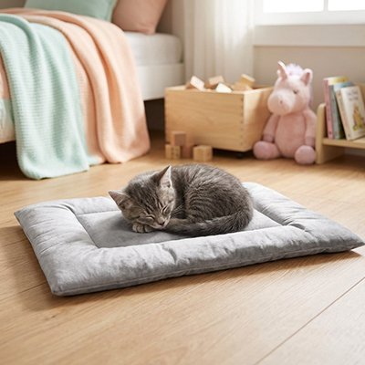 Tapis Chat moelleux gris avec félin allongé dans une chambre lumineuse