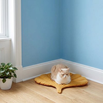 Tapis pour Chat en coton moutarde en forme d'éventail avec un chaton, posé dans un coin